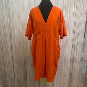 WHISTLES Orange V Neck Relaxed Dress with Pockets Womens Medium